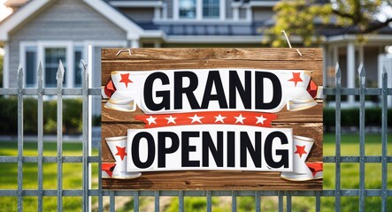 Obraz premium grand opening lettering on sign at fence with house background