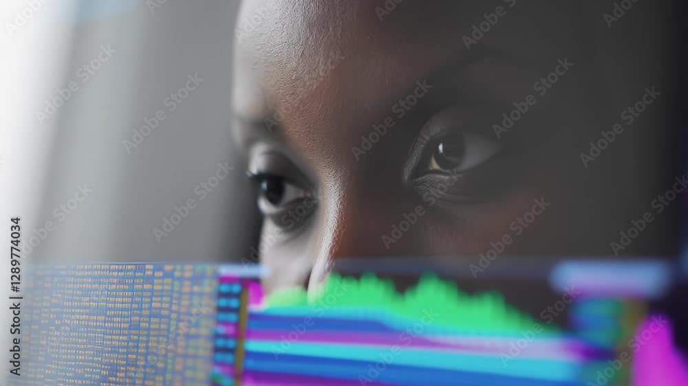 Aufkleber Close up of a financial analyst's focused eyes reflecting data displayed on a computer screen, suggesting deep concentration in analyzing stock market trends and financial performance