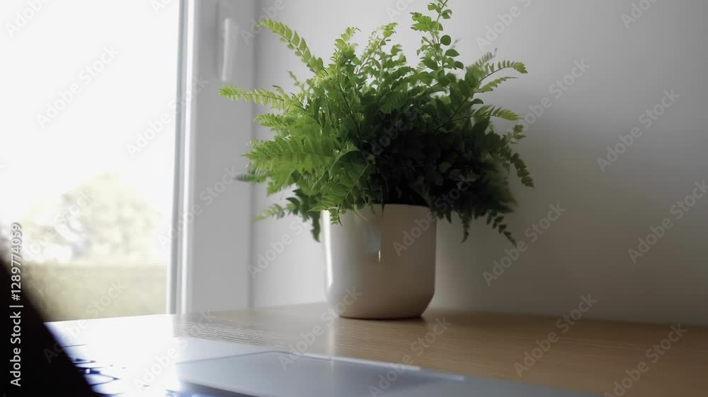 Poster sunlight streams through a window, illuminating a fern plant in a white pot sitting on a wooden desk