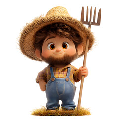 A Fluffy 3D Cartoon Farmer with Glowing Pitchfork Isolated on Transparent Background