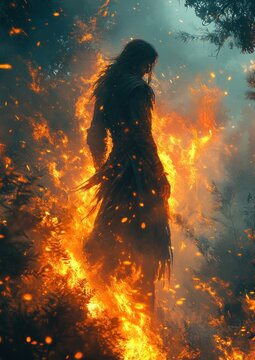 Viking warrior woman with glowing eyes and double axes standing in blazing forest silhouette
