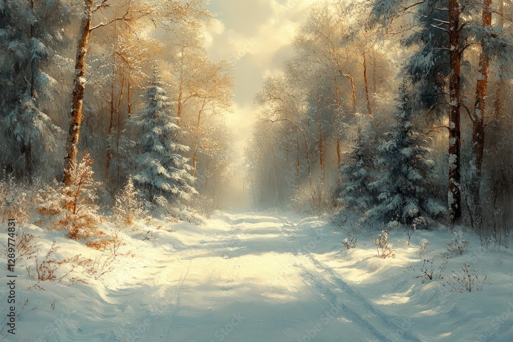 Poster winter forest pathway with snowy pine trees and sunlight filtering through branches