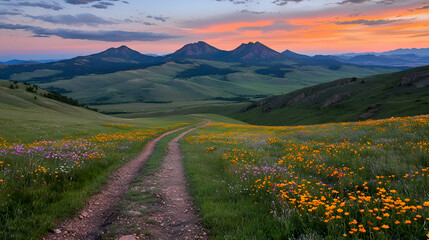 Vibrant Wildflower Meadow Path at Sunset with Mountain View