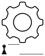 Gear symbolizing process and efficiency, chess king for strategy and leadership, dynamic lines. Ideal for innovation, planning, teamwork, management, problem-solving, leadership abstract line flat