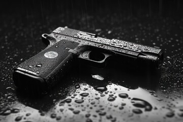 Dramatic Black and White Photo of Handgun on Wet Surface with Textures and Reflections