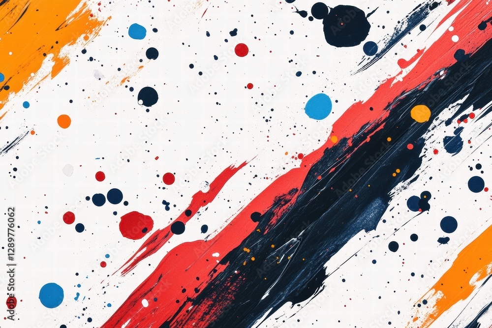 Poster colorful abstract artwork featuring vibrant splashes and strokes across a white canvas background cr