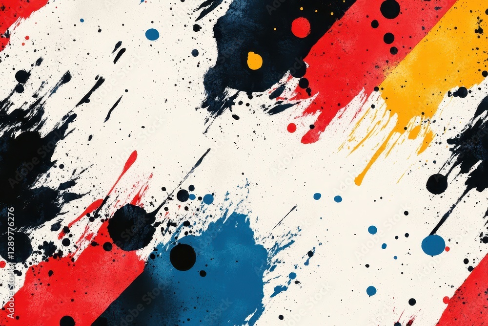 Poster colorful abstract artwork featuring vibrant splashes and strokes across a white canvas background cr