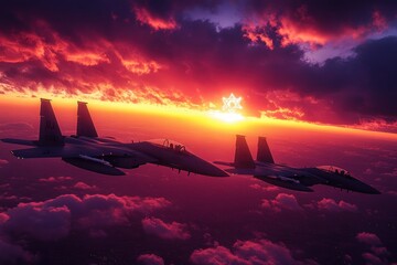Fighter Jets Silhouetted Against Vibrant Sunset with Israel Flag and Star of David Military Aircraft