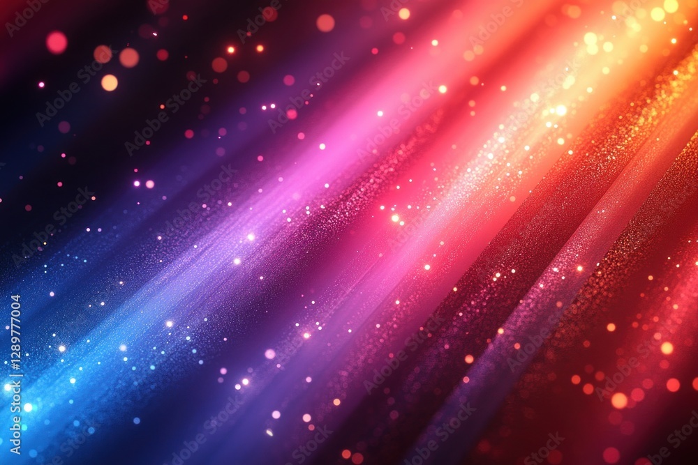 Poster colorful abstract light refractions on dark background with diagonal lines and soft glows