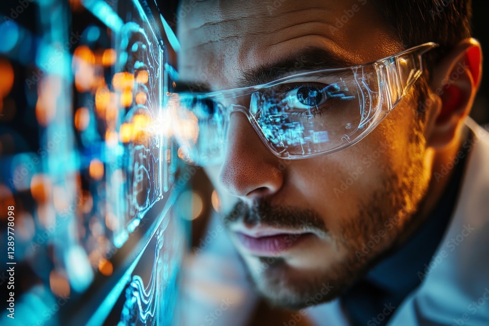 Poster engineer analyzes digital data on a futuristic display in a high-tech lab setting during daytime