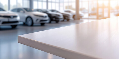 An empty reception desk in front of a blurry car dealership with new cars. Auto industry, customer service