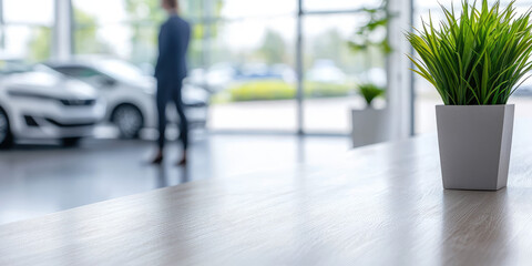Fototapeta premium An empty reception desk in front of a blurry car dealership with new cars. Auto industry, customer service
