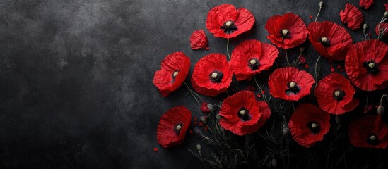 Remembrance Day Poppy Flower Poster We Will Remember on Dark Textured Background