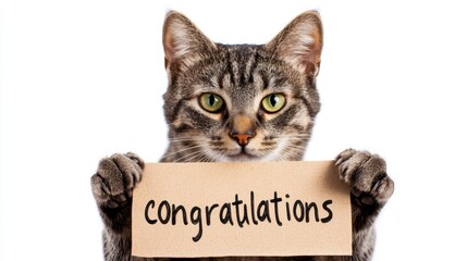 Tabby Cat Holding Congratulations Sign: Celebrate Success with Feline Charm