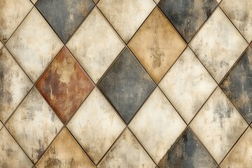 Textured diamond tile pattern in earthy tones on a wall showcasing bold geometric design and unique color variations in a contemporary setting