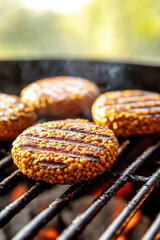 Cooking round toasted burger patties on the grill grates. Burger patties made of soy vegetable meat for vegans