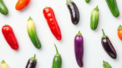 Diverse Vegetables on White: Eggplant, Zucchini Variety