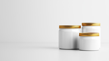 Minimalist jars with golden lids on clean surface, perfect for storage.