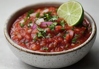 Fresh homemade salsa with vibrant red tomatoes, chopped onions, cilantro garnish, and lime wedge in a rustic ceramic bowl on a textured background