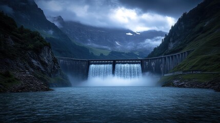 Fototapeta premium Majestic Hydroelectric Dam with Waterfall Surrounded by Dramatic Mountains Under Dark Stormy Sky
