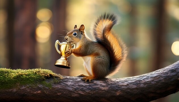 Fluffy squirrel sitting on a tree branch, gripping a tiny golden trophy between its paws