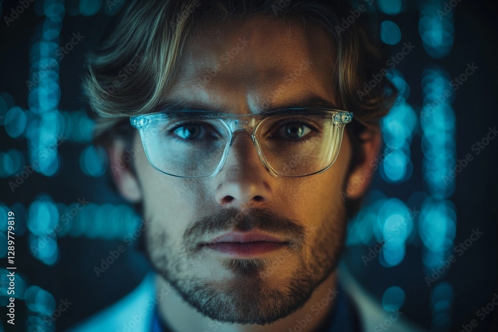 Poster young man with glasses working in a laboratory or tech environment surrounded by glowing data screen