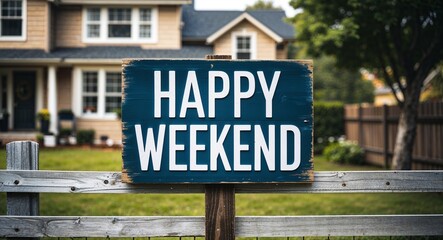 Fototapeta premium happy weekend lettering on sign at fence with house background