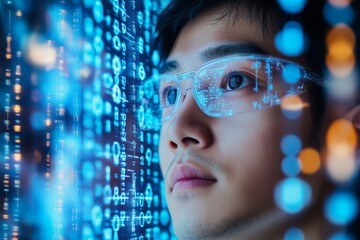 Young man examines digital information with futuristic glasses in a technology-focused environment