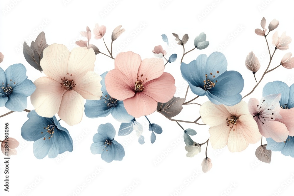 Poster beautiful abstract flowers in soft pastel colors with delicate petals against a minimalist backgroun