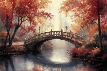 A Stone Bridge Spans A River Amidst Colorful Autumn Trees