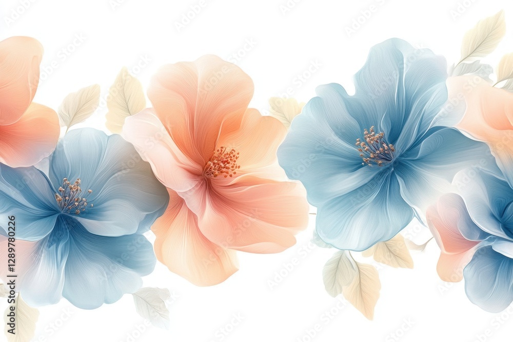 Poster beautiful abstract flowers in soft pastel colors with delicate petals against a minimalist backgroun