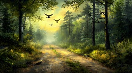 Obraz premium Sunlit Forest Path with Birds in Flight