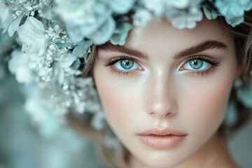 Portrait of a young woman with striking blue eyes and floral headpiece in soft lighting