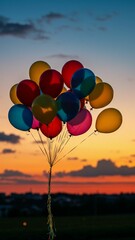 Fototapeta premium Colorful balloons floating against sunset sky