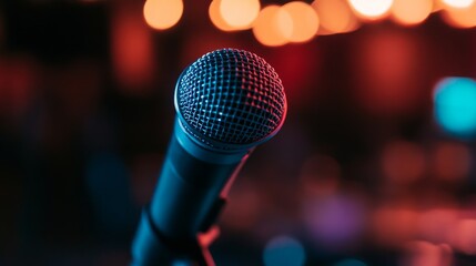 A lone microphone awaits a voice on the brightly lit stage