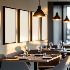 restaurant interior with set tables and blank picture frames