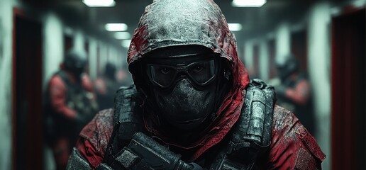 Dramatic Scene of Soldier in Tactical Gear in Narrow Hallway Under Dim Lights