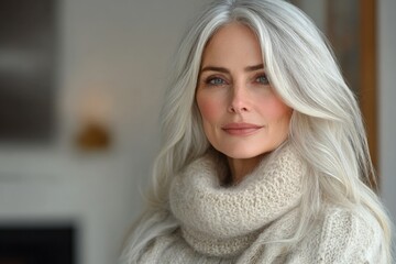 Fototapeta premium Portrait of a woman with long silver hair wearing a cozy sweater, conveying elegance and warmth in a bright indoor setting