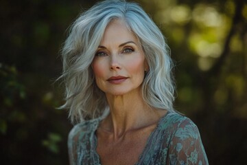 Naklejka premium Elegant woman with silver hair poses gracefully in natural outdoor setting during golden hour