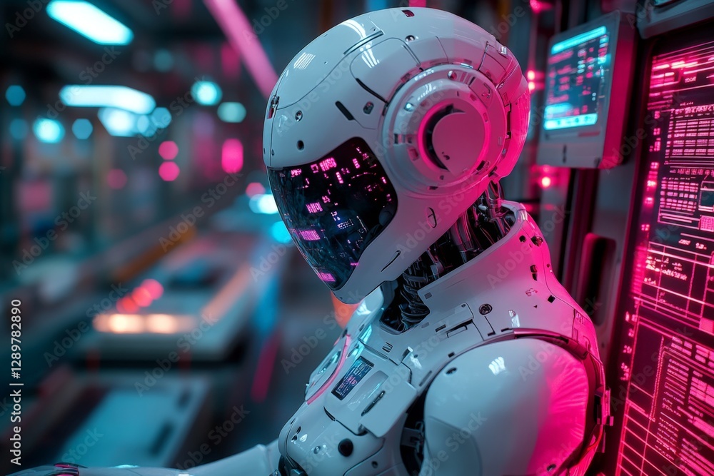 Poster futuristic robot in a high-tech environment with glowing displays and vibrant lights