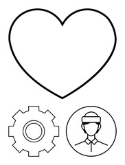 Large heart, gear symbol, and healthcare professional icon. Ideal for health innovation, teamwork, medical technology, collaboration, engineering, wellness abstract line flat metaphor