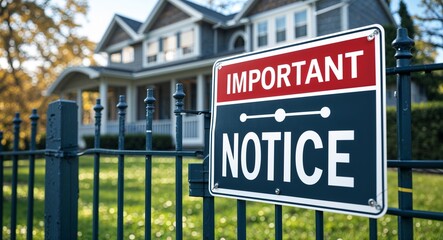 important notice lettering on sign at fence with house background