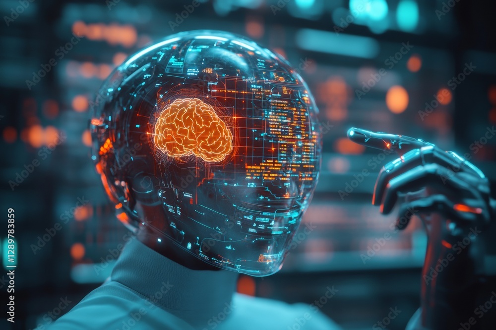 Poster digital humanoid with a glowing brain concept in a futuristic environment featuring data visualizati