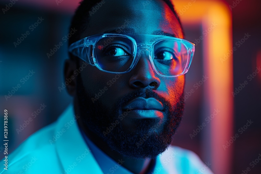 Aufkleber man with glasses in a laboratory setting pondering during an experimental session at night