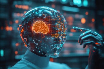 Digital humanoid with a glowing brain concept in a futuristic environment featuring data visualizations and technology elements