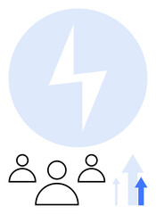 Lightning bolt in a circle above three people and ascending arrows. Ideal for teamwork, innovation, leadership, growth, energy management, motivation, abstract line flat metaphor