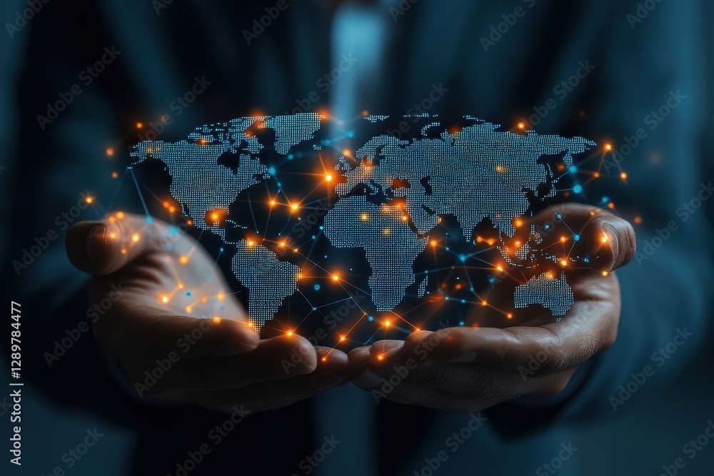 Aufkleber hands holding a glowing digital world map connecting cities and networks in a futuristic setting