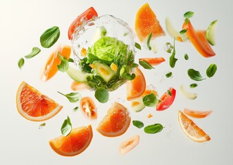 Naklejka premium Fresh Ingredients Burst Into Action with Vibrant Colors and Dynamic Textures in a Creative Food Concept for Healthy Cuisine