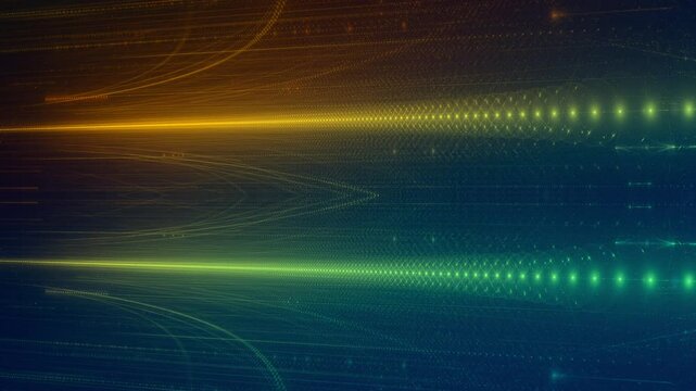 energievoll leuchtende Lichtpunkte bewegen sich langsam Richtung Zentrum, digitaler Datentransfer, Algorithmus, Internet, Datenfluss, Geschwindigkeit, Wandel, Austausch, gelb, gr&uuml;n, blau, orange
