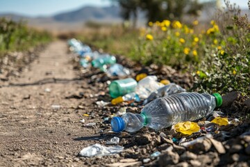 Obraz premium Litter of plastic bottles and waste strewn along a country path on a sunny day in springtime